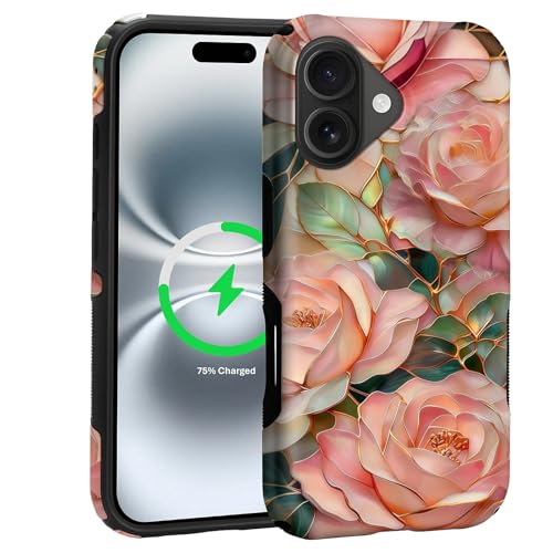 Case for iPhone 16 | Anti-Slip Side Handle| Bold Protective Design | Compatible with MagSafe | Stained Glass Pink Flower | - color: Stained Glass Pink Flower, size: iPhone 16
