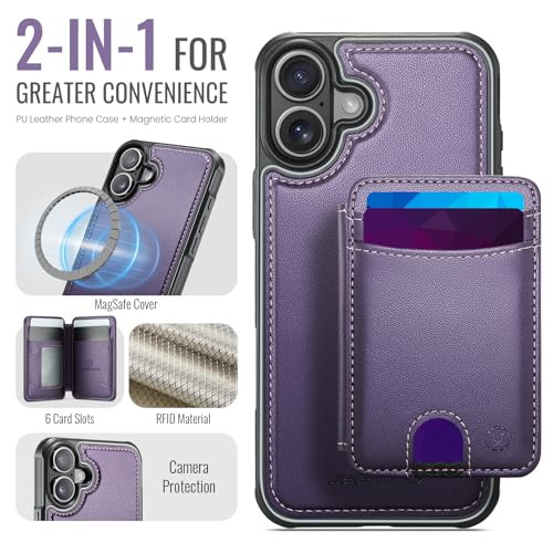 WJX for iPhone 16 Plus MagSafe Wallet Case, 2-in-1 Detachable Luxury Card Holder, Universal MagSafe Compatible, RFID Blocking, Shockproof Kickstand Slim Cover， Grape Purple - color: Grape purple, size: iPone 16 Plus