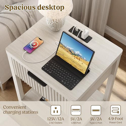 Night Stand Set 2, Fluted Wood Nightstands w/Charging Station for Bedroom - color: Grey White, size: 1 Drawer-Set of 2 Nightstand