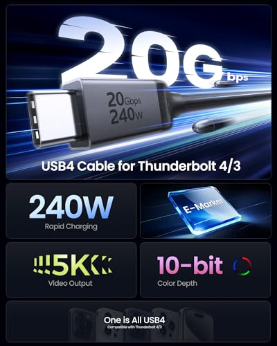 Silkland USB 4 Cable Long, 20Gbps Data Transfer, 5K/4K@60Hz, 240W, 16.5FT/5M - size: 16.5ft