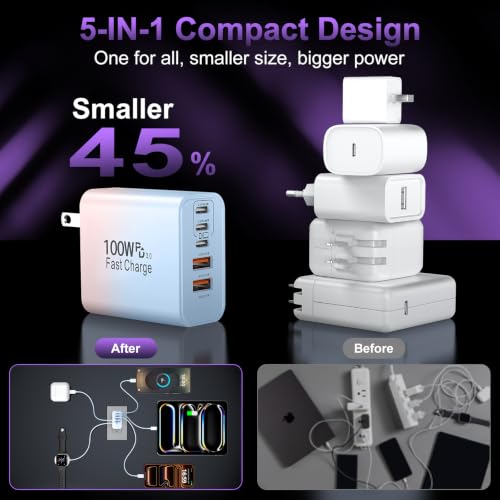 USB C Super Fast Charger Block, 100W USBC Charging Block Wall Plug Adapter - color: Gradient Purple+Blue