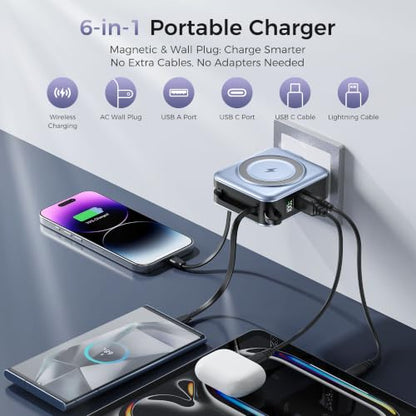 10000mAh Portable Charger Power Bank Built in Cables&Wall Plug - color: Baby Blue