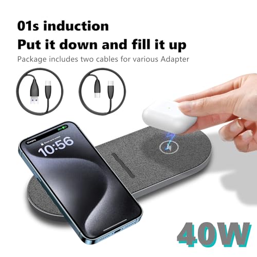 40W Wireless Charging Pad, Dual 20W Fast Wireless Charging Mat for iPhone 16 15 14 13 12 11/Pro/Pro Max/SE/X/XS,Apple Airpods 4/3/Pro,15W Wireless Charger Station for Samsung Galaxy/Note/Bud+ - color: Gray_20W