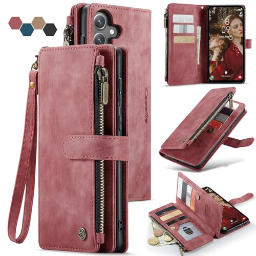 Samsung Galaxy S24 FE 5G Wallet Case with Card Holder Kickstand Magnetic Zipper Pocket Lanyard Strap Wristlet,Leather Flip Case Wallet for Samsung Galaxy S24 FE 6.7 Inch(Red) - color: Red, size: S24 FE 5G 6.7 Inch