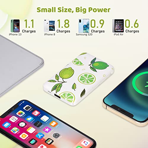 Sethruki Portable Charger 5000mAh Cute Ultra Slim USB C Power Bank for Girls Mini Fast Charging Small Battery Pack with Built in Cables for iPhone iPad Samsung Pixel Android Phones,Lemon - color: green