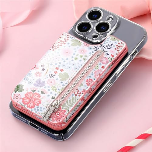 Stick on Wallet for Phone Case, Credit Adhesive Card Holder for Back of Phone Cases Flip Leather Zipper Flower Wallet Sleeve Compatible with iPhone, Samsung Galaxy Most Smartphones Pink - color: Flower Pink