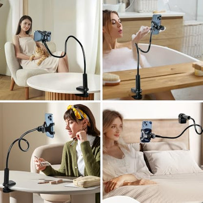 Gooseneck Phone Holder for Bed - Cell Phone Mount Clamp Clip, 360° Flexible Arm, Compatible with iPhone 17 16 15 14 13 12 11 Pro Max Xs Xr X8, Overhead Mount for Desk Phone Holder for 4–7" Smartphones - color: Clamp Mount