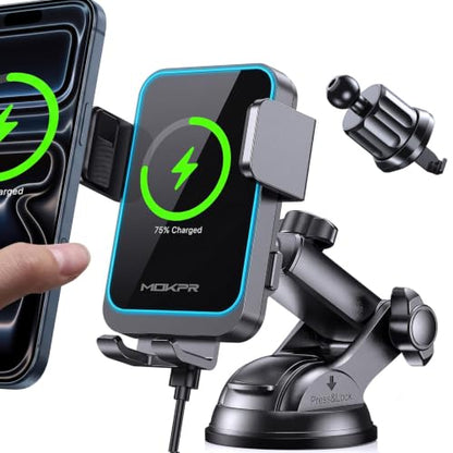 Wireless Car Charger Auto Clamping LED Car Charger Dash Windshield Air Vent - style: Dashboard