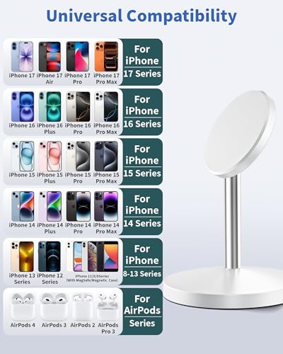 Magnetic Wireless Charger Stand, 25W Fast Mag Safe Charger iPhone Stand, 6FT Magnet Wireless Charging Station Pad with 35W Adapter for iPhone 17 Air 17 Pro 17 Pro Max 16 15 14 13 12, AirPods Pro 2/3/4 - color: White