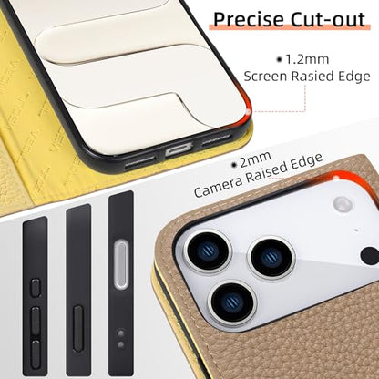 VISOUL Pebbled Leather Wallet Case for iPhone 17 Pro Max 6.9" 2025, Genuine Leather Flip Folio Cover with RFID Blocking Card Holders, Kickstand, Soft TPU Protective Flip Cover -Light Gray+Yellow - color: Light Gray+Yellow