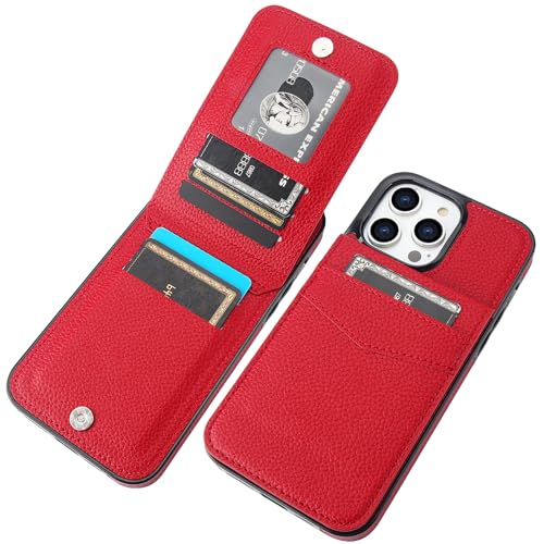 KIHUWEY Compatible with iPhone 14 Pro Max Case Wallet with Credit Card Holder, Flip Premium Leather Magnetic Clasp Kickstand Heavy Duty Protective Cover for iPhone 14 Pro Max 6.7 Inch (Lichee Red) - color: Lichee Red