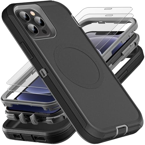 YKHJKLEC for iPhone 12/12 Pro Case, Compatible with Magsafe, Military Grade 3 in 1 Heavy Duty Shockproof/Drop Proof/Dust Proof with 2Pcs Tempered Glass Screen Protector (New-Black/Grey) - color: New-Black/Grey