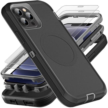 YKHJKLEC for iPhone 12/12 Pro Case, Compatible with Magsafe, Military Grade 3 in 1 Heavy Duty Shockproof/Drop Proof/Dust Proof with 2Pcs Tempered Glass Screen Protector (New-Black/Grey) - color: New-Black/Grey
