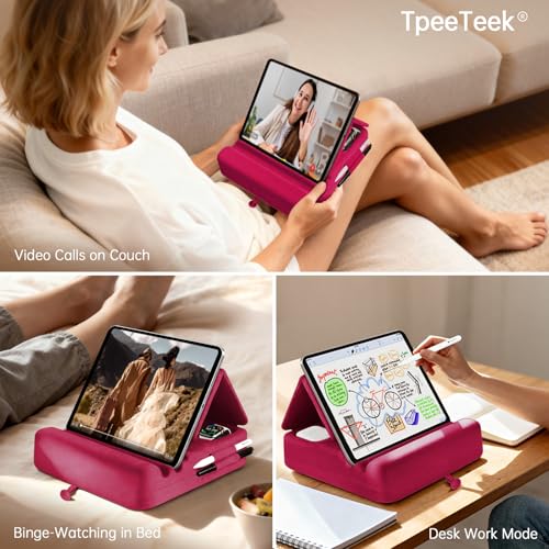 Tablet Pillow Stand with Storage, Foldable iPad Holder for Lep, Bed, Sofa, and Desk - Soft Pad Dock with Pocket and Stylus Mount Compatible with 4-13" iPad Pro/Air/Mini, Galaxy Tab, Kindle (Red) - color: Red
