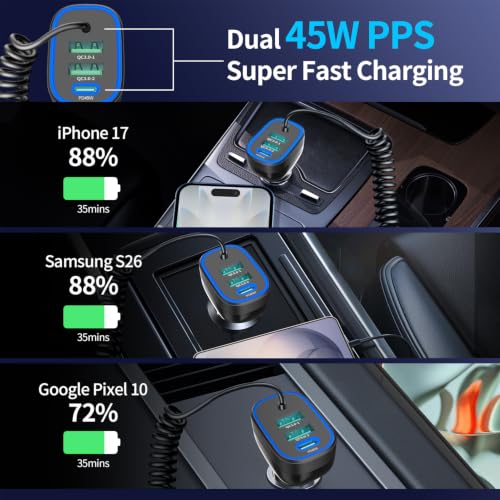 90W USB C Super Fast Car Charger for iPhone 18 Pro Max/Duo/17/Android Phone