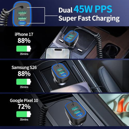 90W USB C Super Fast Car Charger for iPhone 18 Pro Max/Duo/17/Android Phone