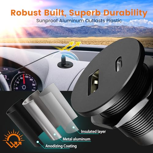 RV 12V USB Outlet Alumium Charger, 48W PD and QC Cigarette Lighter Replacement, 12 Volt Socket No Light, Flush Mount USB Port for for Trailer Camper Van Car Boat 24V - color: 1Pcs