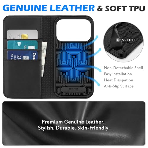 SHIELDON Genuine Leather Wallet Case for iPhone 17 Pro 6.3" 2025, Black | Flip Magnetic Cover, Kickstand, RFID Blocking, 3 Credit Card Holder, Book Design, Shockproof, Soft Inner Phone Case - color: Black