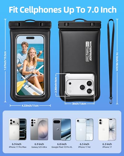 PEDVSTY Floating Waterproof Phone Pouch 2 Pack - Up to 7.0", Black | Touchscreen, IP68 Waterproof Phone Case w/Lanyard, Dry Bags for iPhone Sumsang Google, Beach Kayak Cruise Travel Essentials - size: Regular (Up to 7.0")