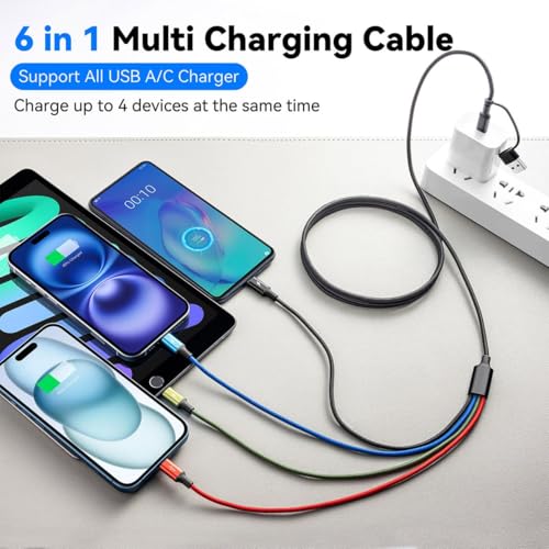 6 in 1 Multi Charging Cable, USBA/C Universal Charging Cords, 2 Pack 10Ft - color: Black A/C 10ft 2-Pack
