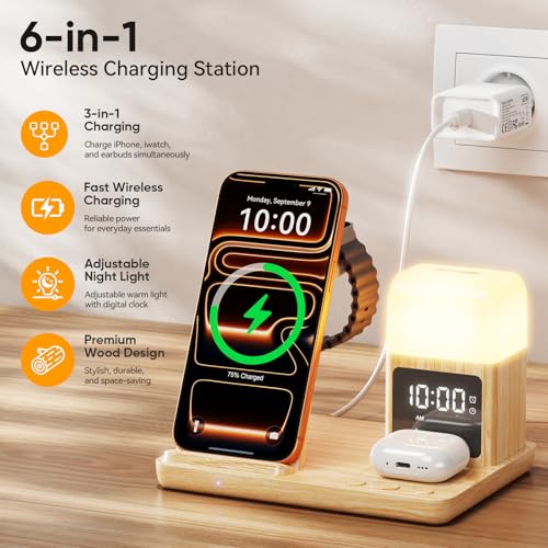 6 in 1 Wireless Charging Station with Clock & Night Light，Alarm Clocks for Bedrooms,Wireless Charger Stand with Beside Clock for iPhone 18/17/16/15/14/13/12 Pro Max, Apple Watch,Airpods (Wood) - color: Wood