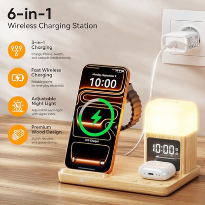 6 in 1 Wireless Charging Station with Clock & Night Light，Alarm Clocks for Bedrooms,Wireless Charger Stand with Beside Clock for iPhone 18/17/16/15/14/13/12 Pro Max, Apple Watch,Airpods (Wood) - color: Wood