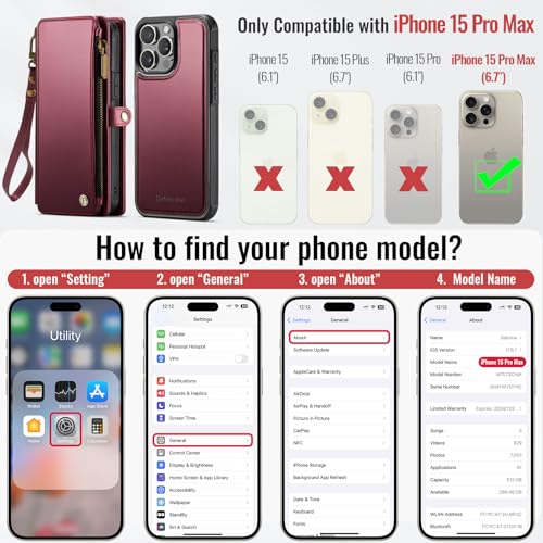 Defencase for iPhone 15 Pro Max Case Wallet Compatible with Magsafe, W-Red | Drop-Proof Magnetic Detachable Phone Cases Cover, with RFID Bolcking Card Holder, Zipper Strap, PU Leather, Removable Wallet - color: (Detachable with Magsafe)-Wine Red