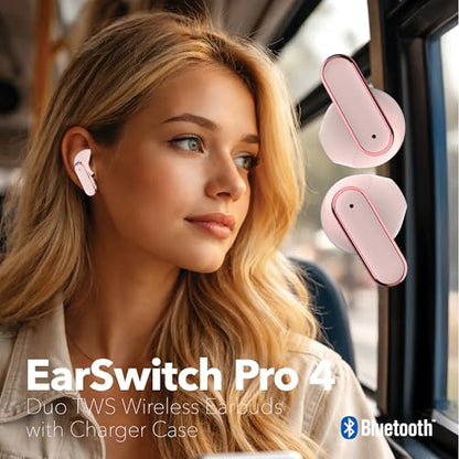RCA EarSwitch Pro 4-in-1 Duo TWS Wireless Earbuds, Bluetooth 5.4 Open-Ear & in-Ear Dual Buds with LED Charging Case, Touch Control, Built-in Mic, 6H Playtime for Sport & Office (Pink) - color: Pink