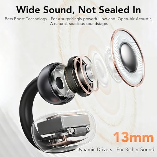 Clip on Earbuds Open Ear Wireless Bluetooth 5.4 Headphones with Noise Cancelling Mic, 48H Playtime Ear Buds,IP68 Waterproof, Comfortable for Small Ears (Light Black)