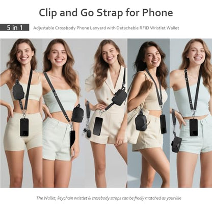 Clip and Go Strap for Phone with Wallet Crossbody Cell Phone Lanyard Suitable for Keys Bank Cards Headphones - color: Black