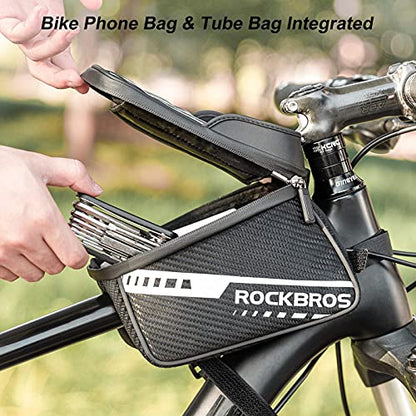 ROCKBROS Bike Phone Front Frame Top Tube Bike Bag with Sun Visor Waterproof | TPU Meterial Bicycle Handlebar Bag Cell Phone Holder Mount Bag Cycling Accessories Storage Pouch for Phone 7.2”