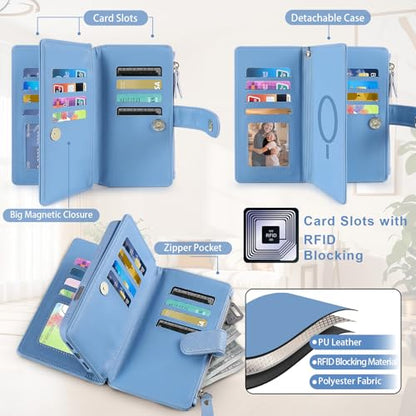 for iPhone 16e/17e Case Wallet,Compatible with MagSafe Magnetic 2 in 1 Magnetic Detachable PU Leather RFID Blocking Wallet Cover Card Holder Zipper Wrist Strap Lanyard,Quilted Blue - color: Quilted Blue
