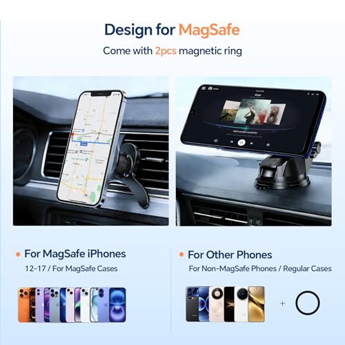 for iPhone MagSafe Phone Holders for Your car 2-Pack Adjustable Suction Cup Phone Mount for All iPhone & Android Smartphone,4 Setups - Dashboard/Vent/Windshield/Desk, Fits All Cars