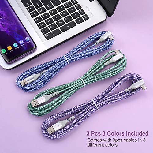 USB C Cable Fast Charging,3Pack 10ft Nylon Right Angle USB A to USB C Cable - color: Blue,Green,Purple, size: 10ft