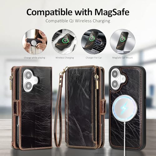 Antsturdy Compatible with MagSafe iPhone 17 Wallet Case,Coffee | Detachable Magnetic Credit Card Holder,RFID Blocking,PU Leather Zipper Purse,Wrist Strap Kickstand,Flip Phone Cover for Women - color: (Detachable with Magsafe)-Coffee