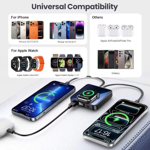 Mini Portable Charger for iWatch 12000mAh, Power Bank with Built-in Cables - color: Shiny Black