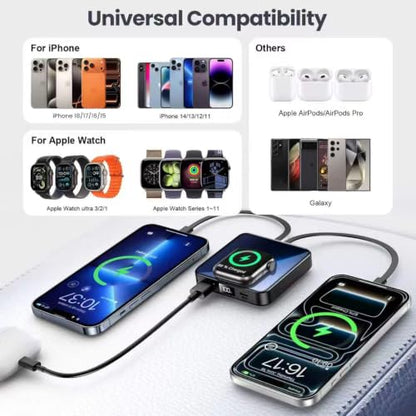 Mini Portable Charger for iWatch 12000mAh, Power Bank with Built-in Cables - color: Shiny Black
