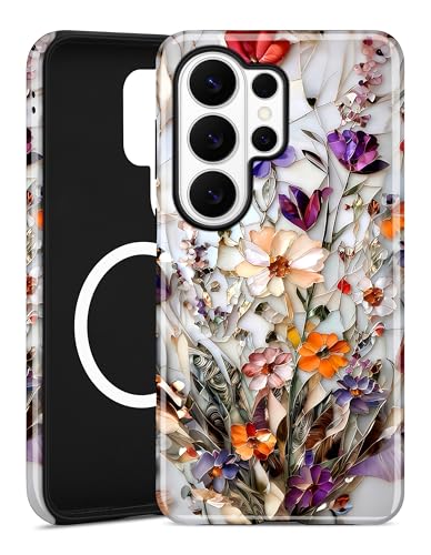 Magnetic Flower Case for Samsung Galaxy A16 5G, Yellow | Compatible with MagSafe, Cute Aesthetic Stained Glass Floral, TPU and PC Protective Phone Cover for Women Girls - color: Yellow Flower