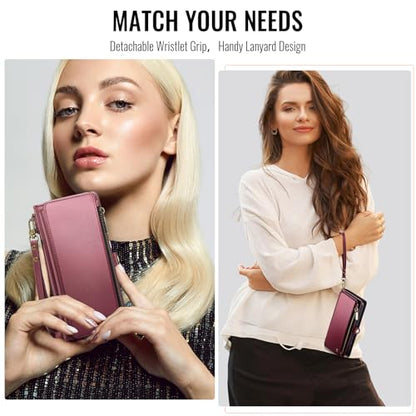 Defencase for iPhone 14 Plus Wallet Case with RFID Card Holder, Wine Red | Durable Soft PU Leather, with Zipper Pocket, Wrist Strap, Fashion Snap Flip Phone Cases Cover with Stand for Women and Men - color: Wine Red