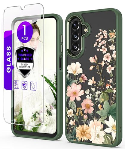 Crystal Clear Flower Pattern Case for Samsung Galaxy S26 FE-Green | Girl Women Slim Soft TPU + Hard PC Military Grade Protective Phone Cover WithTempered Glass Screen Protector for S26 FE - color: S26 FE-Dark Green