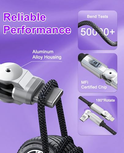 90 Degree iPhone Charger USB C Lightning Cable with 180° Rotating Head - 6.6FT Right Angle Lightning Cable Swivel Charger with MFi, 3A Fast Charging, Data Sync, Apple Carplay for iPhone14 13 12 11 X