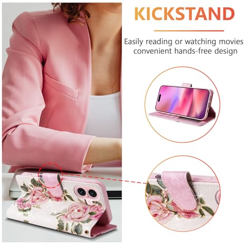 UEEBAI Wallet Case for iPhone 17, PU Leather Phone Cover Kickstand RFID Blocking Flip Case Card Slots Wrist Strap Relief Engraved Pattern Magnetic Closure Flower Folio Wallet, White Rose - color: White Rose, size: iPhone 17