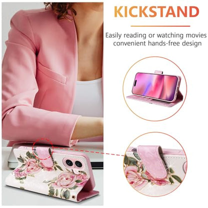 UEEBAI Wallet Case for iPhone 17, PU Leather Phone Cover Kickstand RFID Blocking Flip Case Card Slots Wrist Strap Relief Engraved Pattern Magnetic Closure Flower Folio Wallet, White Rose - color: White Rose, size: iPhone 17