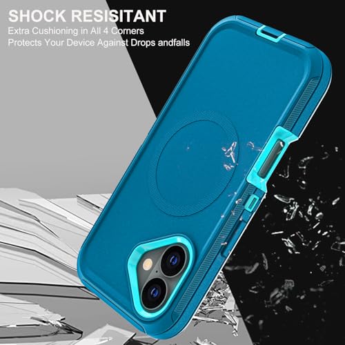 YKHJKLEC for iPhone 16 Case, Compatible with Magsafe, Military Grade 3 in 1 Heavy Duty Shockproof/Drop Proof/Dust Proof Case with 2Pcs Tempered Glass Screen Protector (New-Blue/Turquoise) - color: New-Blue/Turquoise