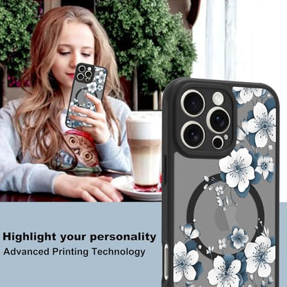Magnetic for iPhone 16 Pro Case,White Flower | [Compatible with MagSafe] Cute Fashion Translucent Matte Hard Back Shockproof Anti-Scratch Phone Case,Ink Flower - color: Ink Flower, size: iPhone 16 Pro