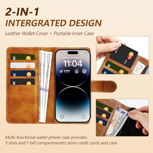 2 in 1 PU Leather for iPhone 14 Pro Max Case, Detachable Wallet Case with Card Holder, Removable Flip Folio Cover with RFID Blocking, Stand Shockproof Phone Cover（Compatible with MagSafe） Brown - color: Brown, size: Iphone 14 pro max