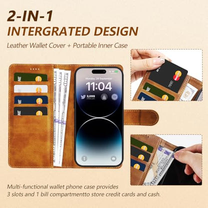 2 in 1 PU Leather for iPhone 14 13 Case, Detachable Wallet Case with Card Holder, Removable Flip Folio Cover with RFID Blocking, Stand Shockproof Phone Cover（Compatible with MagSafe） Brown - color: Brown, size: Iphone 14 / 13