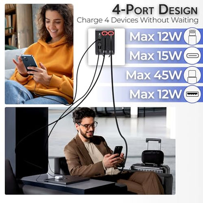 45W Retractable Wall Charger 4 Port with Built-in Type-C, Travel Ready