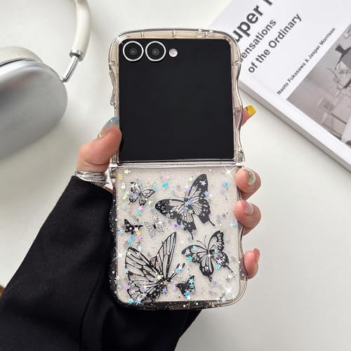 UEEBAI Wave Butterfly Case for Samsung Galaxy Z Flip 7 5G Case, Pretty Bling Star Butterfly Cute Shiny Glitter Phone Cover for Girls Bling Clear Cover Curly Shockproof Girly - Black - color: Black, size: Z Flip 7 5G