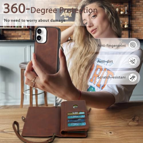 for Wallet Case Compatible with iPhone 16,Multi-Function Detachable 2 in 1 Magnetic iPhone 16 Wallet,Flip Strap Zipper Card Holder Phone Case with Shoulder Straps(Brown) - color: Brown, size: iPhone 16